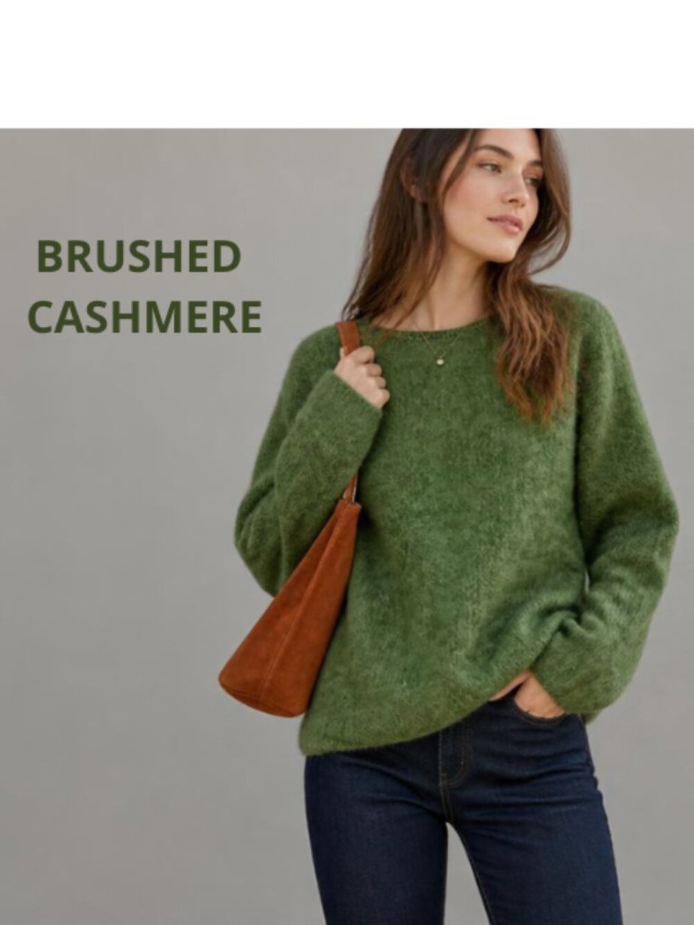 New Green Brushed Cashmere Crewneck Sweater XL